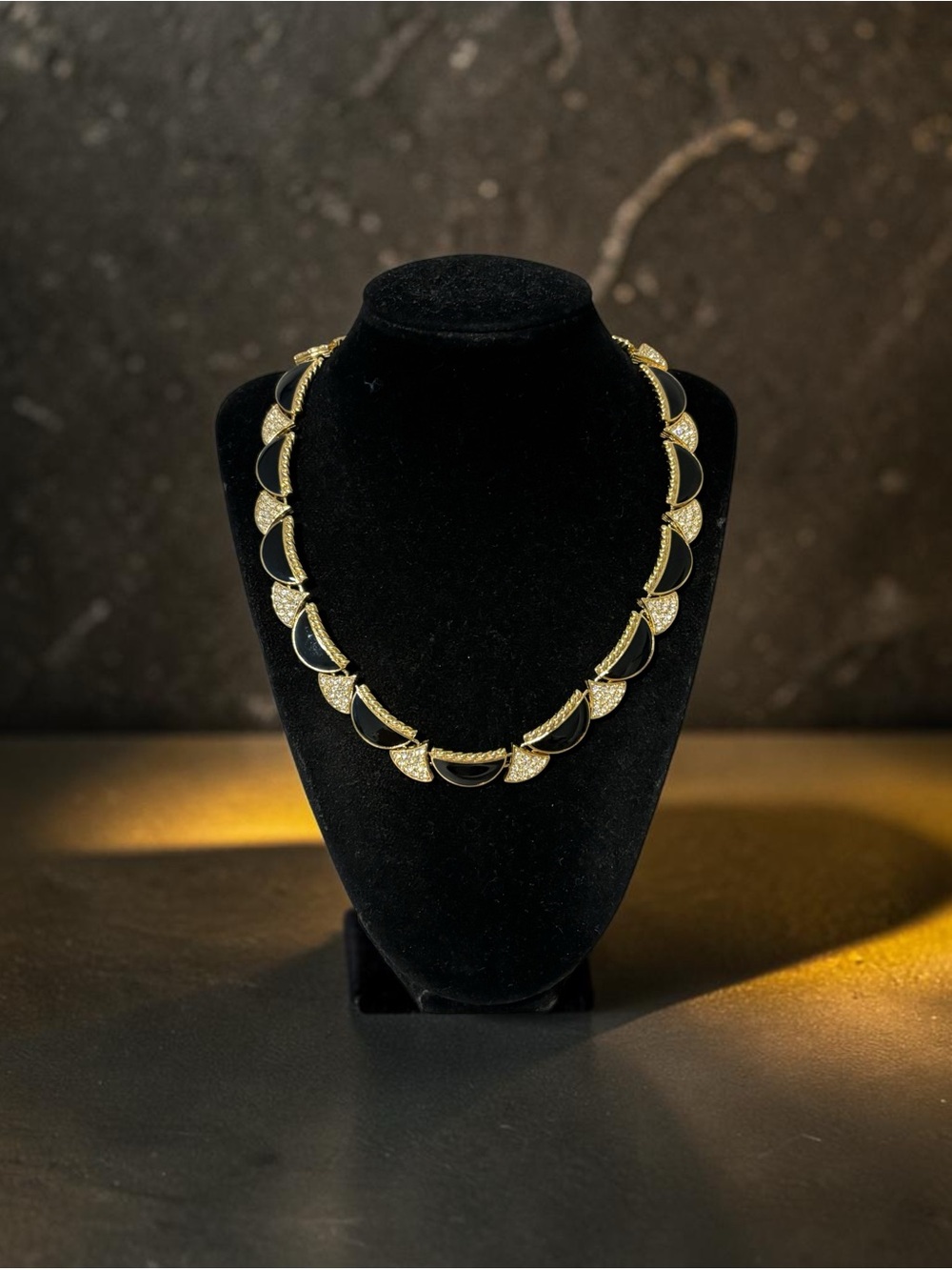 Park Lane Black Enamel & Crystal Scalloped Gold-Tone Necklace 17”